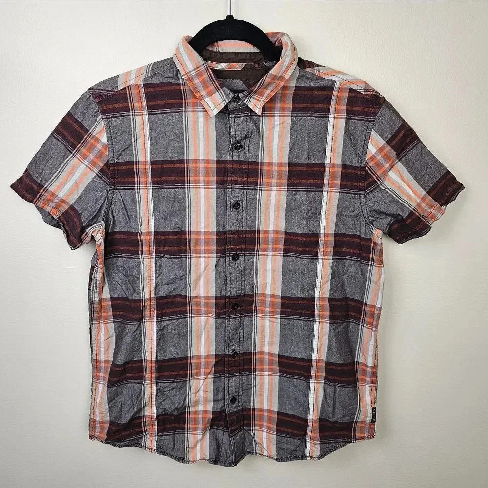Prana Men's Orange Brown Plaid Lukas‎ Shirt Short Sleeve Button Front Size Small